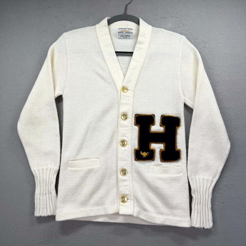 Bristol Products Cardigan Sweater Womens 34 Cream Patch Preppy Varsity Letterman